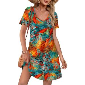 imageOFEEFAN Summer Dresses for Women 2025 Loose V Neck Short Sleeve Casual T Shirt Dress Sundresses Swimsuit Coverup with PocketsFloral 04