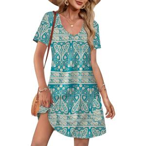 imageOFEEFAN Summer Dresses for Women 2025 Loose V Neck Short Sleeve Casual T Shirt Dress Sundresses Swimsuit Coverup with PocketsFloral 05