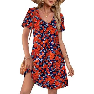 imageOFEEFAN Summer Dresses for Women 2025 Loose V Neck Short Sleeve Casual T Shirt Dress Sundresses Swimsuit Coverup with PocketsFloral 06