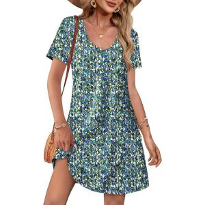 imageOFEEFAN Summer Dresses for Women 2025 Loose V Neck Short Sleeve Casual T Shirt Dress Sundresses Swimsuit Coverup with PocketsFloral 07