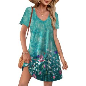 imageOFEEFAN Summer Dresses for Women 2025 Loose V Neck Short Sleeve Casual T Shirt Dress Sundresses Swimsuit Coverup with PocketsFloral 08