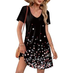 imageOFEEFAN Summer Dresses for Women 2025 Loose V Neck Short Sleeve Casual T Shirt Dress Sundresses Swimsuit Coverup with PocketsFloral 15