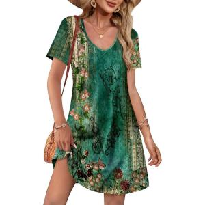 imageOFEEFAN Summer Dresses for Women 2025 Loose V Neck Short Sleeve Casual T Shirt Dress Sundresses Swimsuit Coverup with PocketsFloral 16