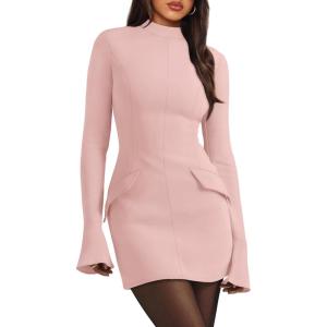 imageOFEEFAN Womens Fall Long Sleeve Mock Neck Dress Basic Party Club Bodycon Mini DressesApricotpink