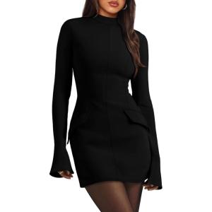 imageOFEEFAN Womens Fall Long Sleeve Mock Neck Dress Basic Party Club Bodycon Mini DressesBlack