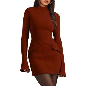 imageOFEEFAN Womens Fall Long Sleeve Mock Neck Dress Basic Party Club Bodycon Mini DressesCaramel