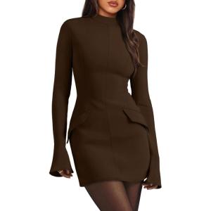 imageOFEEFAN Womens Fall Long Sleeve Mock Neck Dress Basic Party Club Bodycon Mini DressesCoffeebrown