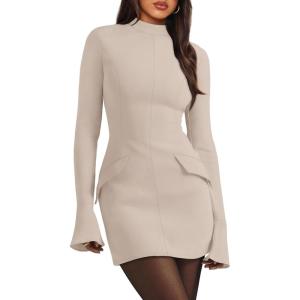 imageOFEEFAN Womens Fall Long Sleeve Mock Neck Dress Basic Party Club Bodycon Mini DressesKhaki