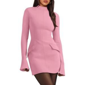 imageOFEEFAN Womens Fall Long Sleeve Mock Neck Dress Basic Party Club Bodycon Mini DressesPink