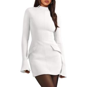imageOFEEFAN Womens Fall Long Sleeve Mock Neck Dress Basic Party Club Bodycon Mini DressesWhite