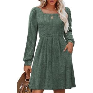 imageOFEEFAN Womens Knit Sweater Dress with Pockets Square Neck Long Sleeve Dresses01green