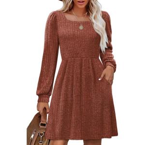 imageOFEEFAN Womens Knit Sweater Dress with Pockets Square Neck Long Sleeve Dresses02caramel