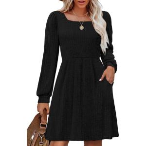 imageOFEEFAN Womens Knit Sweater Dress with Pockets Square Neck Long Sleeve Dresses03black