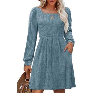 imageOFEEFAN Womens Knit Sweater Dress with Pockets Square Neck Long Sleeve Dresses04blue