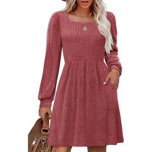 imageOFEEFAN Womens Knit Sweater Dress with Pockets Square Neck Long Sleeve Dresses06red