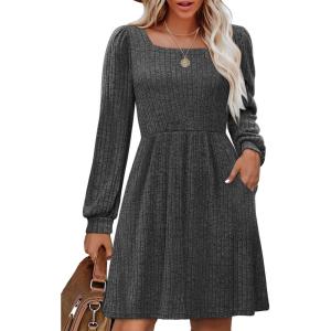 imageOFEEFAN Womens Knit Sweater Dress with Pockets Square Neck Long Sleeve Dresses07deep Grey
