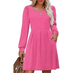 imageOFEEFAN Womens Knit Sweater Dress with Pockets Square Neck Long Sleeve Dresses08rose Pink