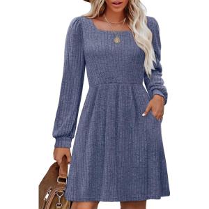 imageOFEEFAN Womens Knit Sweater Dress with Pockets Square Neck Long Sleeve Dresses10navy Blue
