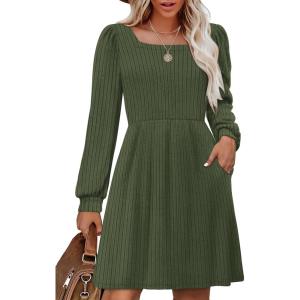 imageOFEEFAN Womens Knit Sweater Dress with Pockets Square Neck Long Sleeve Dresses11army Green