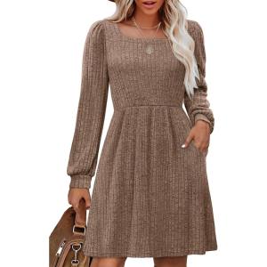 imageOFEEFAN Womens Knit Sweater Dress with Pockets Square Neck Long Sleeve Dresses13coffee