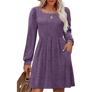 imageOFEEFAN Womens Knit Sweater Dress with Pockets Square Neck Long Sleeve Dresses14dark Purple