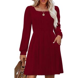 imageOFEEFAN Womens Knit Sweater Dress with Pockets Square Neck Long Sleeve DressesBurgundy