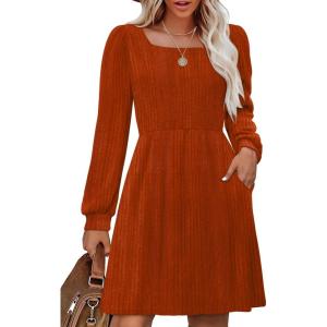imageOFEEFAN Womens Knit Sweater Dress with Pockets Square Neck Long Sleeve DressesCamrel Brown