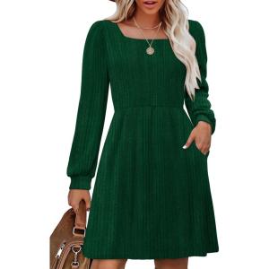 imageOFEEFAN Womens Knit Sweater Dress with Pockets Square Neck Long Sleeve DressesDeep Green