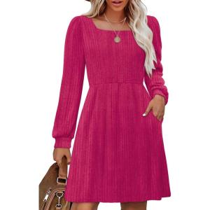 imageOFEEFAN Womens Knit Sweater Dress with Pockets Square Neck Long Sleeve DressesHot Pink