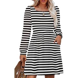 imageOFEEFAN Womens Knit Sweater Dress with Pockets Square Neck Long Sleeve DressesStriped Black