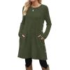 imageOFEEFAN Fall and Winter Tunic Dress with Pockets Long Sleeve Crew Neck Buttons SideRibbed Army Green