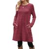 imageOFEEFAN Fall and Winter Tunic Dress with Pockets Long Sleeve Crew Neck Buttons SideRibbed Red