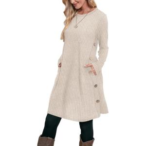 imageOFEEFAN Fall and Winter Tunic Dress with Pockets Long Sleeve Crew Neck Buttons SideRibbed Apricot