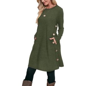 imageOFEEFAN Fall and Winter Tunic Dress with Pockets Long Sleeve Crew Neck Buttons SideRibbed Army Green