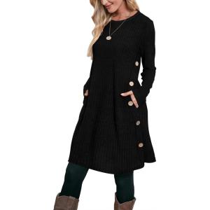 imageOFEEFAN Fall and Winter Tunic Dress with Pockets Long Sleeve Crew Neck Buttons SideRibbed Black