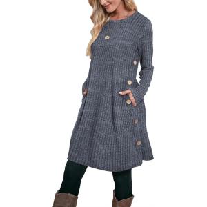 imageOFEEFAN Fall and Winter Tunic Dress with Pockets Long Sleeve Crew Neck Buttons SideRibbed Blue