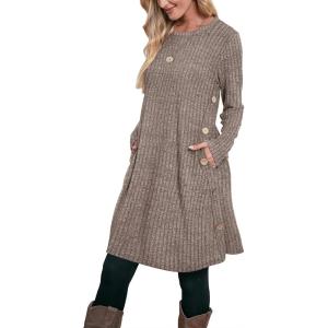 imageOFEEFAN Fall and Winter Tunic Dress with Pockets Long Sleeve Crew Neck Buttons SideRibbed Coffee