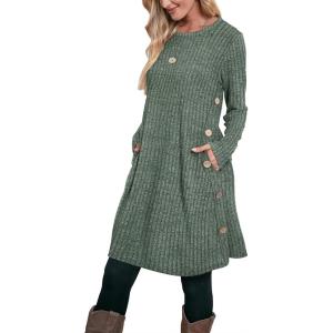imageOFEEFAN Fall and Winter Tunic Dress with Pockets Long Sleeve Crew Neck Buttons SideRibbed Green
