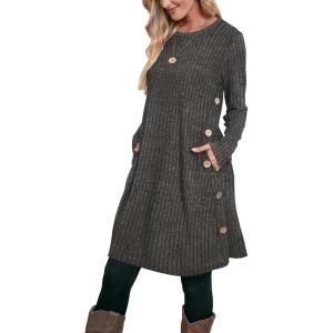 imageOFEEFAN Fall and Winter Tunic Dress with Pockets Long Sleeve Crew Neck Buttons SideRibbed Grey
