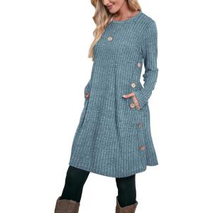 imageOFEEFAN Fall and Winter Tunic Dress with Pockets Long Sleeve Crew Neck Buttons SideRibbed Light Blue