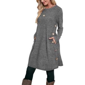 imageOFEEFAN Fall and Winter Tunic Dress with Pockets Long Sleeve Crew Neck Buttons SideRibbed Light Grey