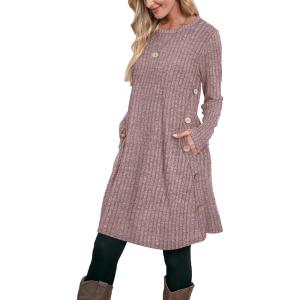 imageOFEEFAN Fall and Winter Tunic Dress with Pockets Long Sleeve Crew Neck Buttons SideRibbed Pink Coffee