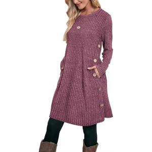 imageOFEEFAN Fall and Winter Tunic Dress with Pockets Long Sleeve Crew Neck Buttons SideRibbed Purple