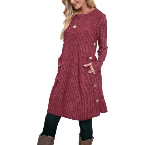 imageOFEEFAN Fall and Winter Tunic Dress with Pockets Long Sleeve Crew Neck Buttons SideRibbed Red