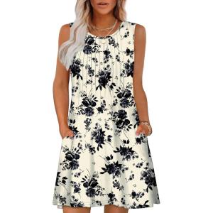 imageOFEEFAN Summer Dresses for Women 2025 Loose Beach Vacation Casual Crew Neck Sleeveless Sundresses with Pockets Tank DressBlack White Floral