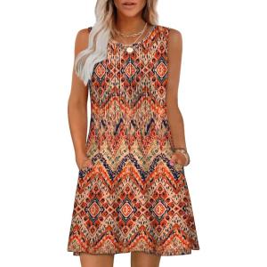 imageOFEEFAN Summer Dresses for Women 2025 Loose Beach Vacation Casual Crew Neck Sleeveless Sundresses with Pockets Tank DressBohemia