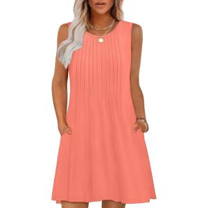 imageOFEEFAN Summer Dresses for Women 2025 Loose Beach Vacation Casual Crew Neck Sleeveless Sundresses with Pockets Tank DressCoral