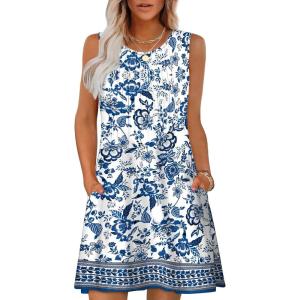 imageOFEEFAN Summer Dresses for Women 2025 Loose Beach Vacation Casual Crew Neck Sleeveless Sundresses with Pockets Tank DressEthnic Floral
