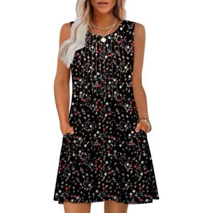 imageOFEEFAN Summer Dresses for Women 2025 Loose Beach Vacation Casual Crew Neck Sleeveless Sundresses with Pockets Tank DressFloral Black