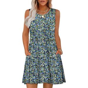 imageOFEEFAN Summer Dresses for Women 2025 Loose Beach Vacation Casual Crew Neck Sleeveless Sundresses with Pockets Tank DressFloral Blue